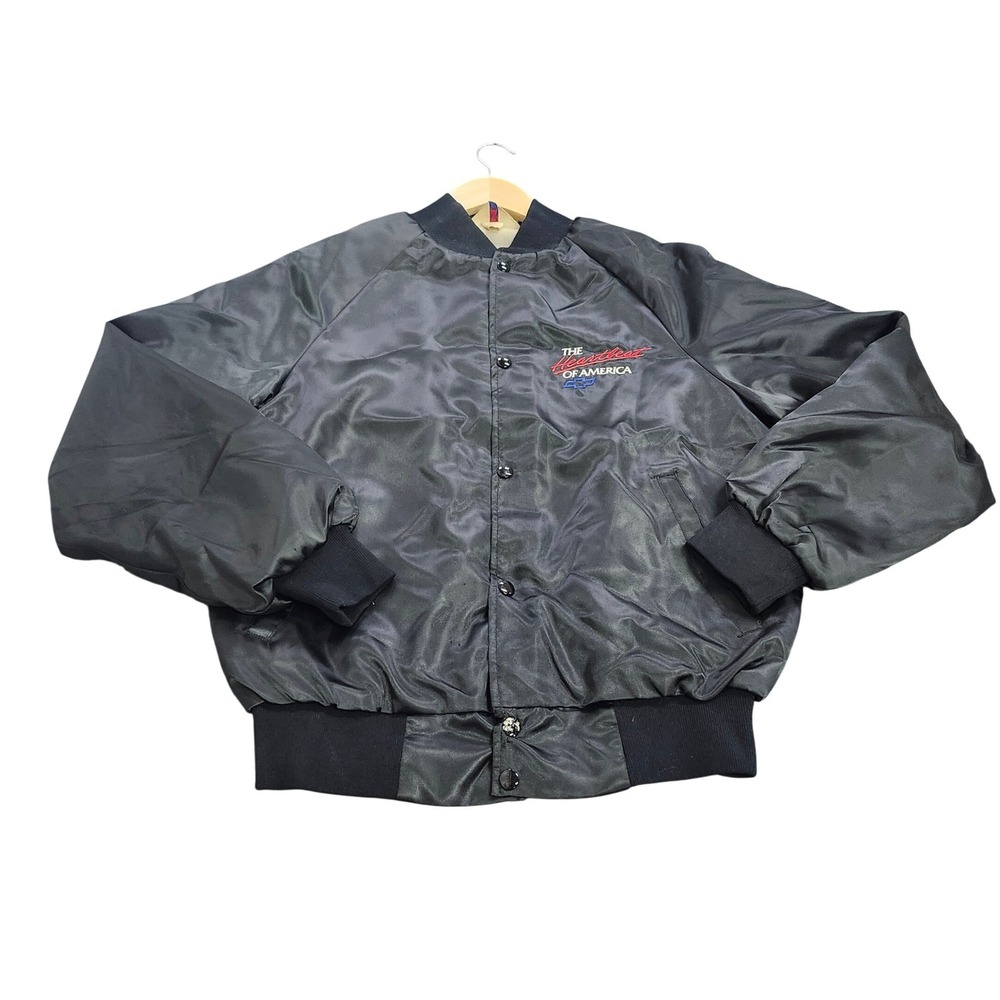 Vintage WestArk Chevy Heartbeat of America Satin Bomber Jacket Mens Medium Black